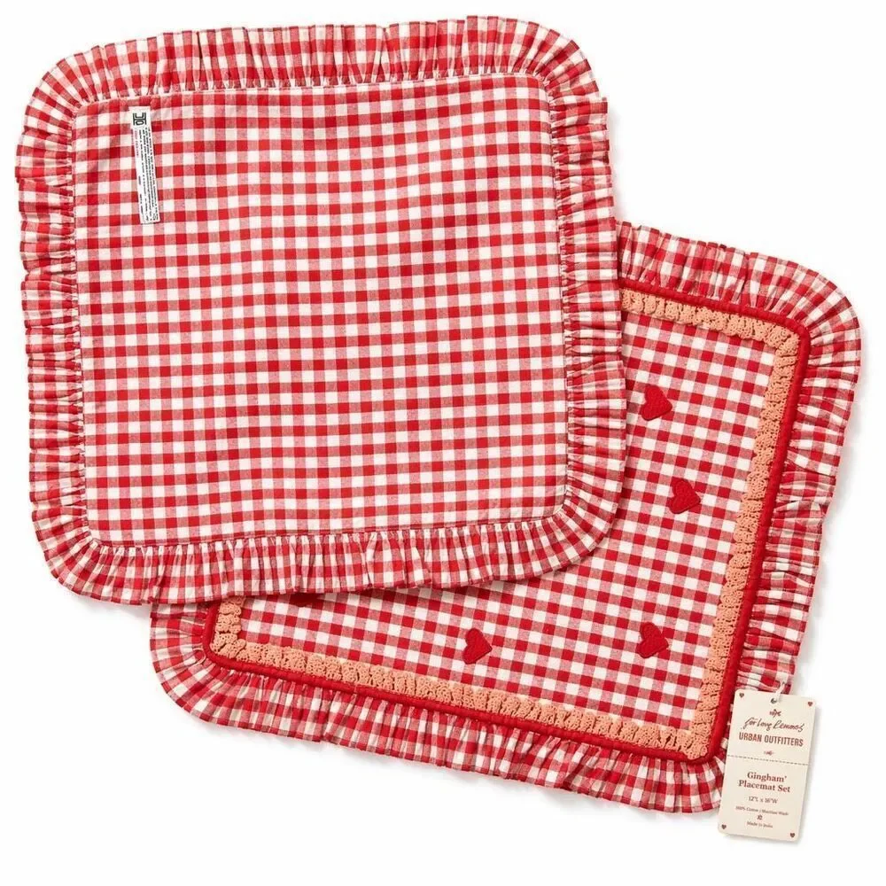 For Love & Lemons UO Gingham Ruffle Placemats Set Red Cottagecore Farmhouse NWT